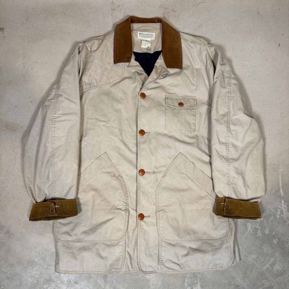 Vintage Banana Republic Safari Travel Field Jacket Tan Leather Collar Mens L
